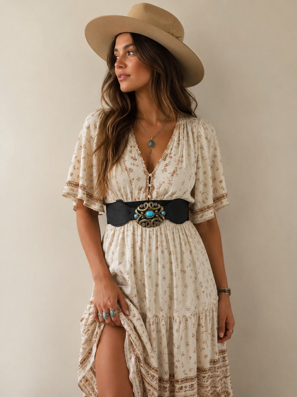 NWT Black Stretch Waist Clincher Belt Turquoise Western Boho 1X
